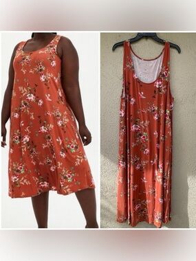 Torrid Orange Super Soft Floral Sleeveless Midi Dress With Pockets Sz. 2X